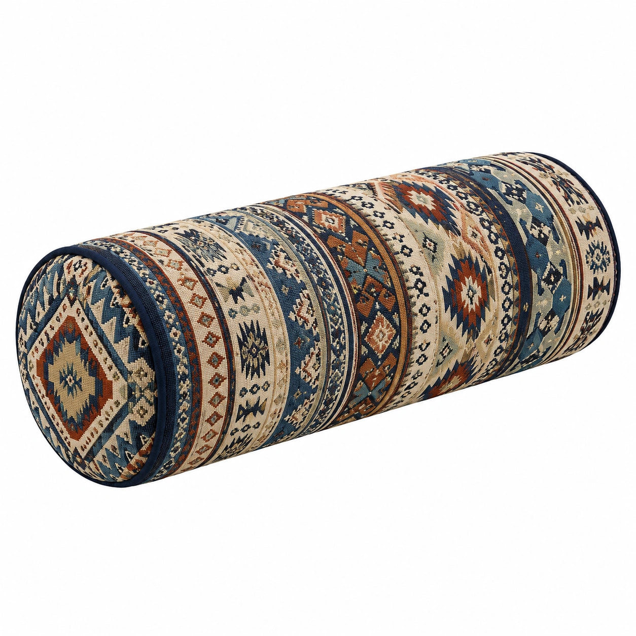 Cuscino cilindrico 15 x 45 cm in tessuto blu beige e terracotta - decorativo geometrico
