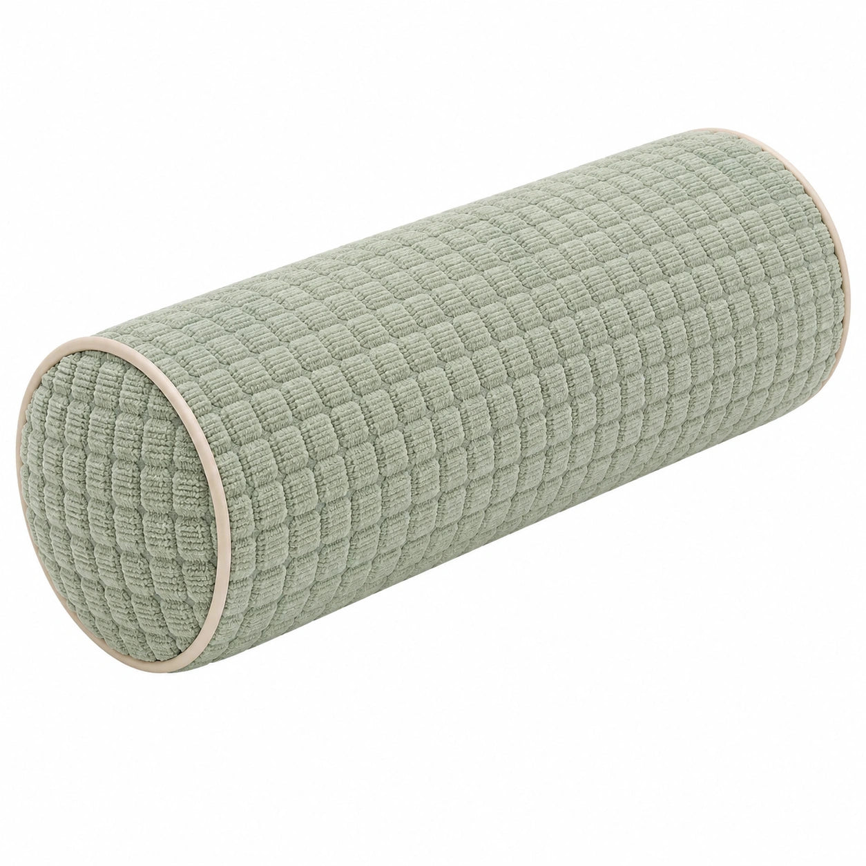 Cuscino cilindrico 18 x 45 cm in tessuto verde salvia per supporto decorativo testurizzato
