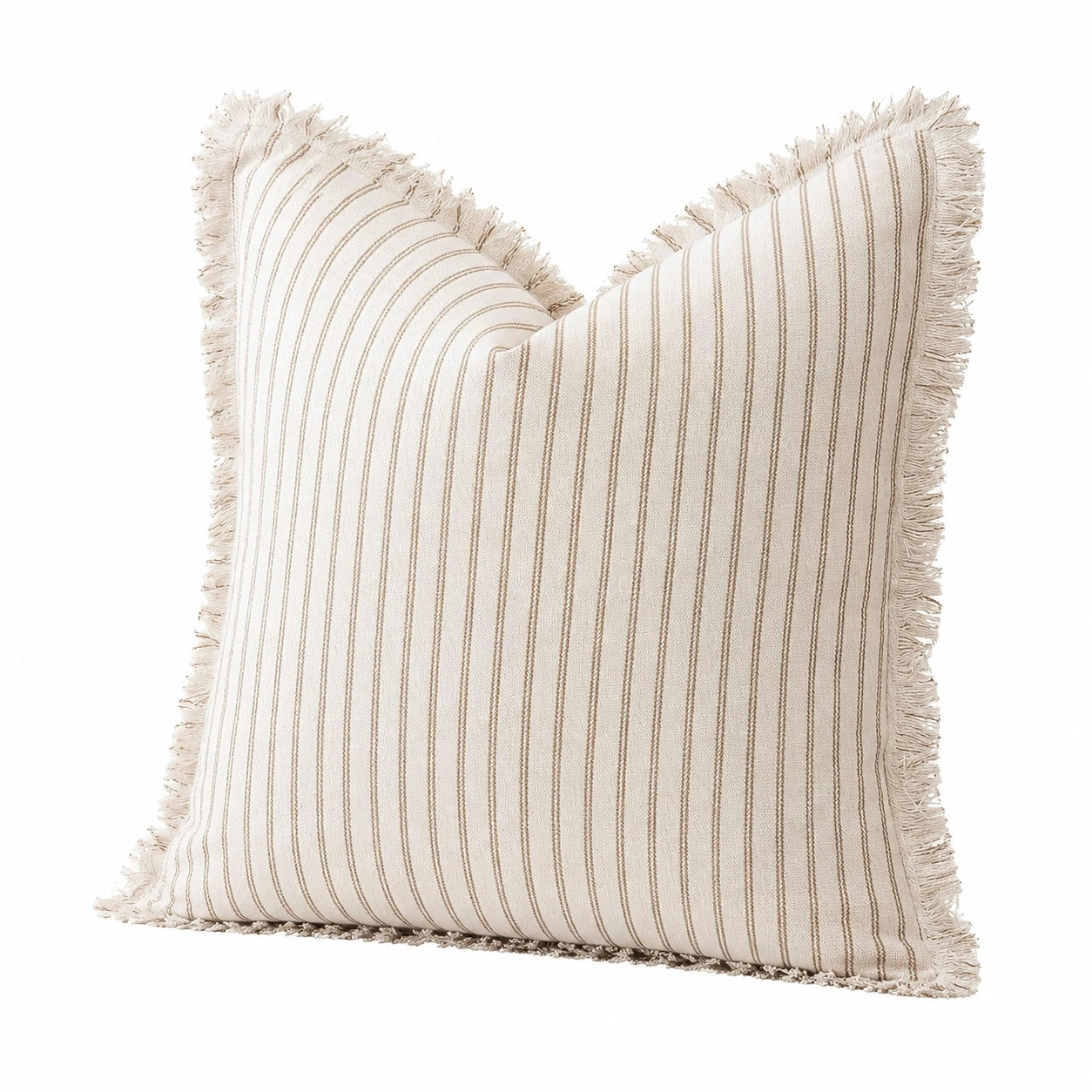 Cuscino decorativo 45 x 45 cm in tessuto avorio beige a righe con frange stile rustico