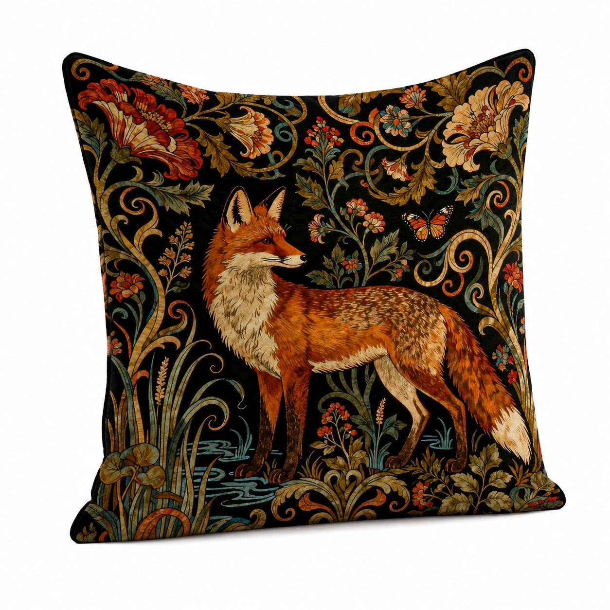 Cuscino decorativo 45 x 45 cm in tessuto nero con volpe floreale stile botanico