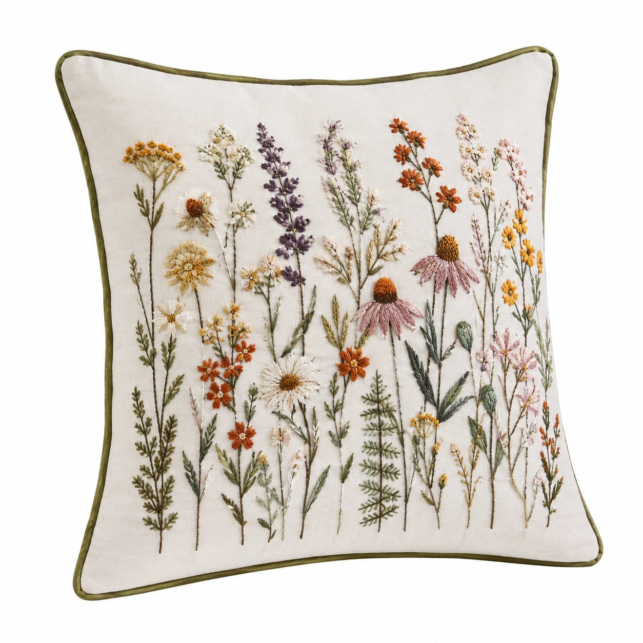 Cuscino decorativo 45 x 45 cm in tessuto avorio con ricamo floreale stile botanico