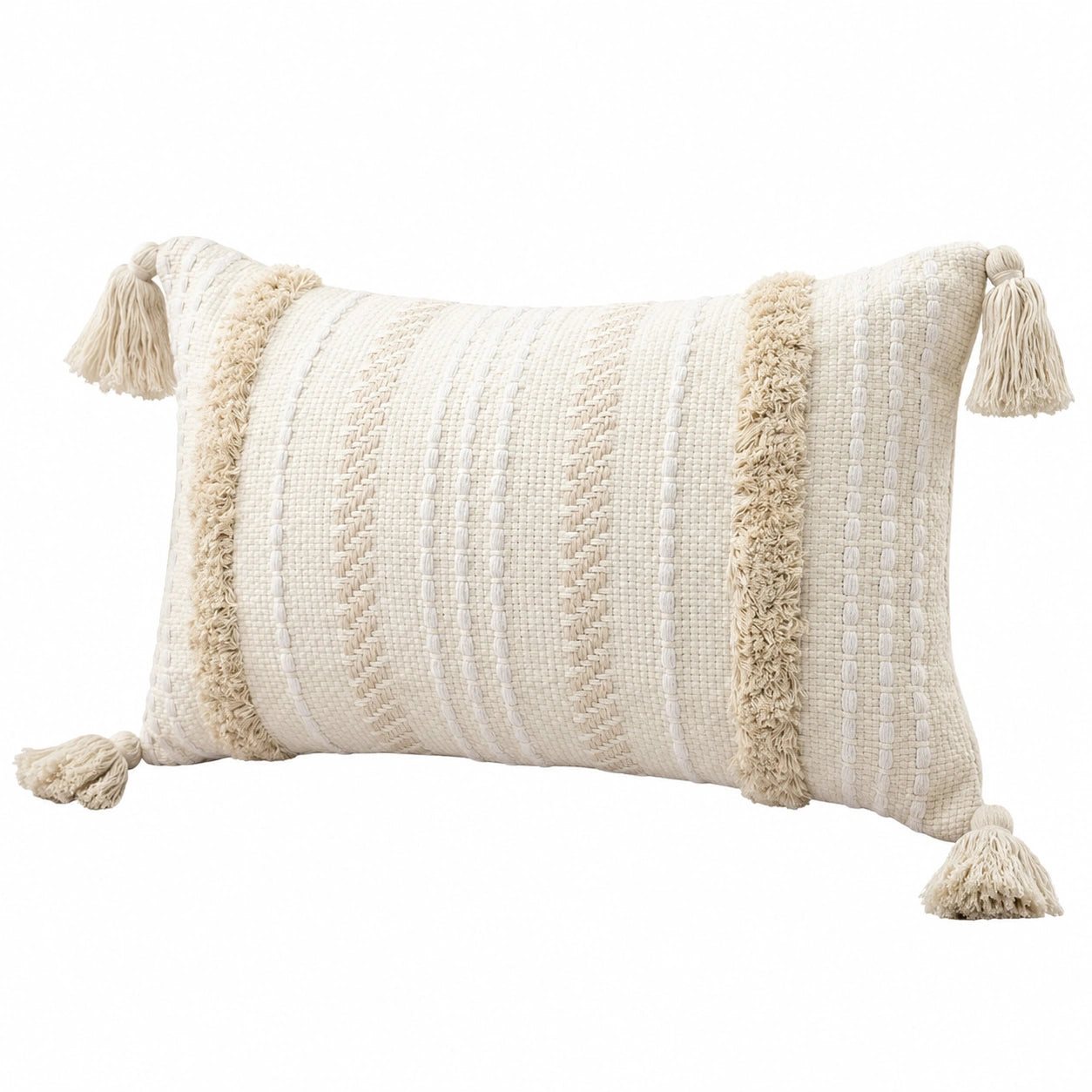Cuscino decorativo 50 x 35 cm in tessuto intrecciato avorio per divano stile boho con nappe