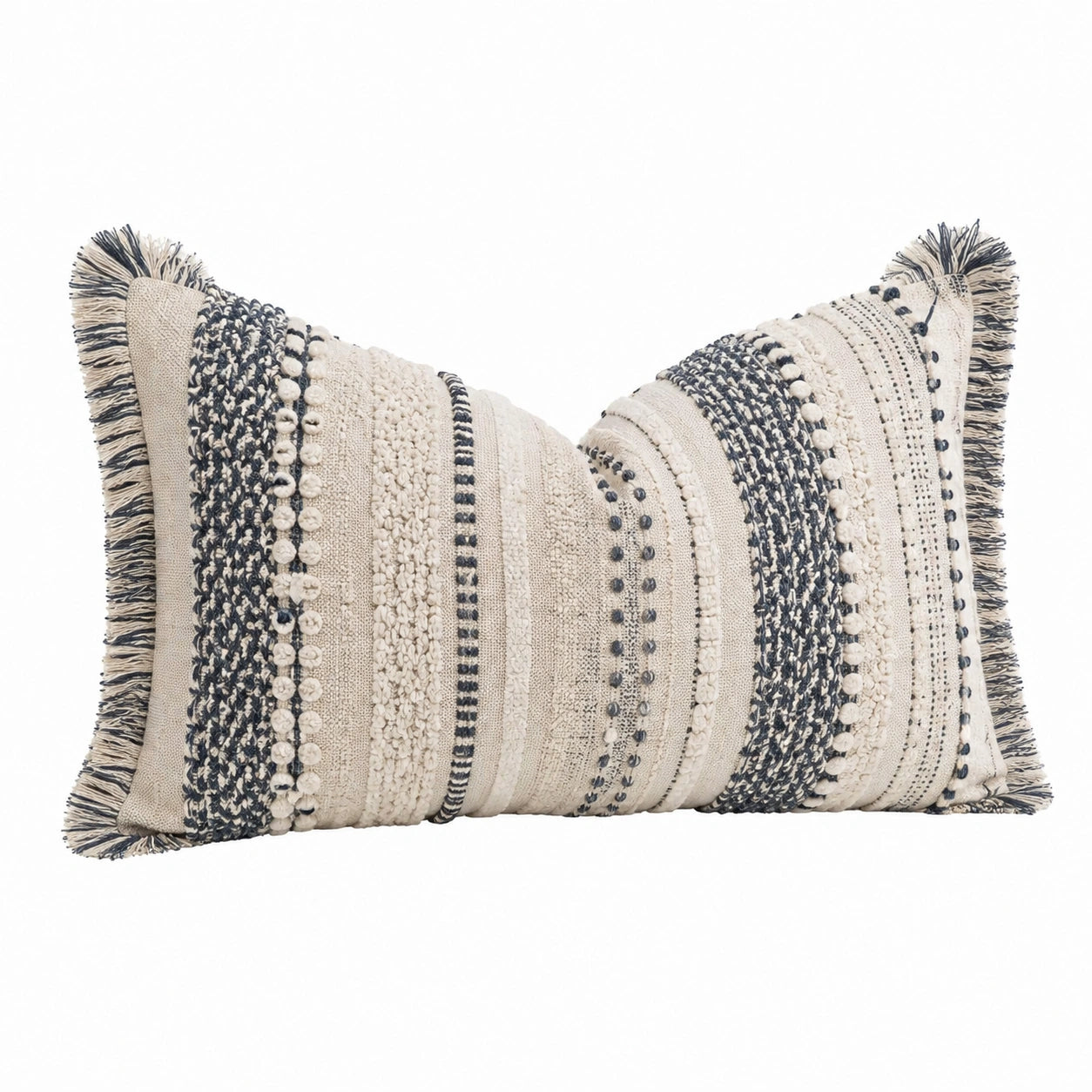 Cuscino decorativo 50x30 cm in tessuto beige e blu con frange stile boho