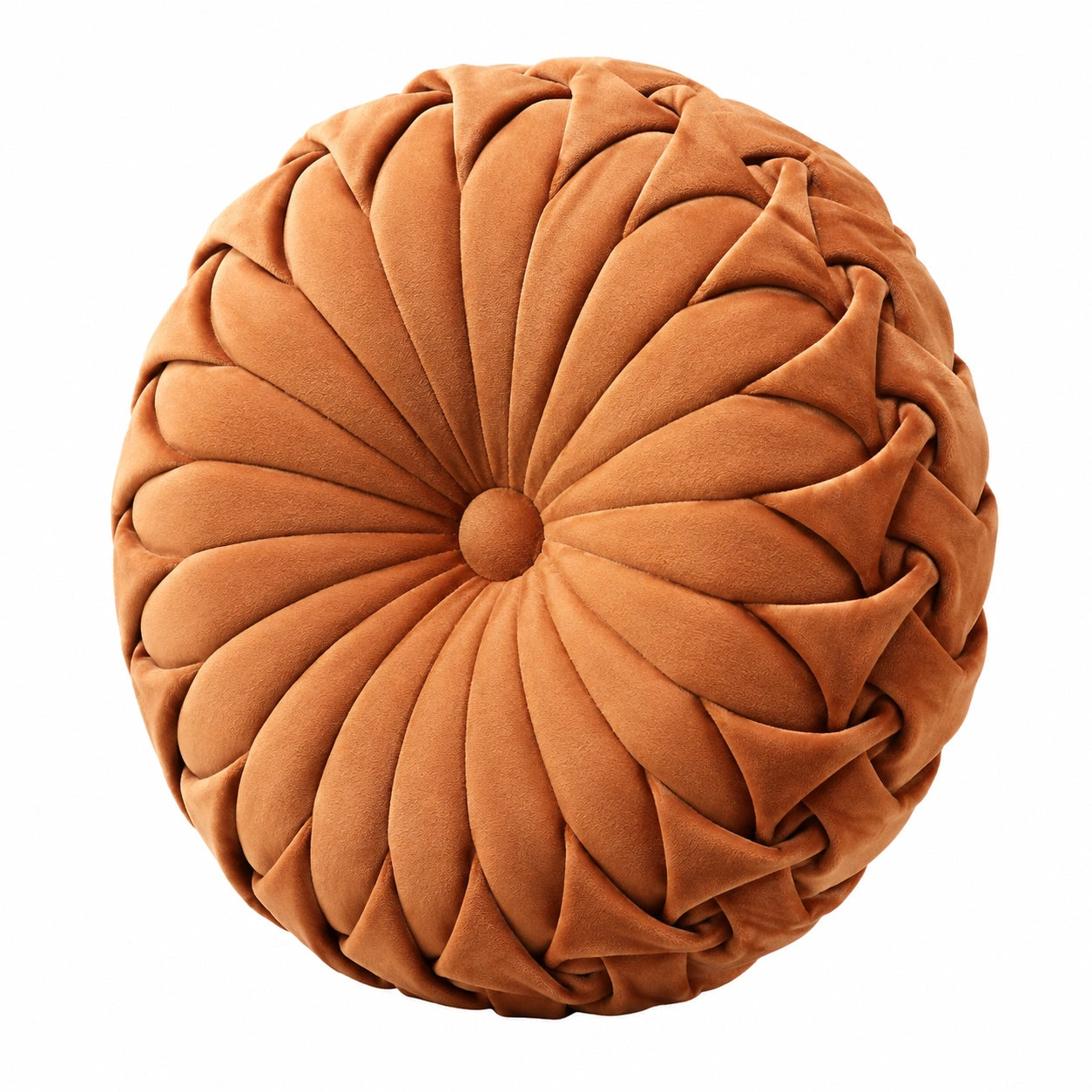 Cuscino decorativo rotondo 40 cm in velluto terracotta con pieghe floreali