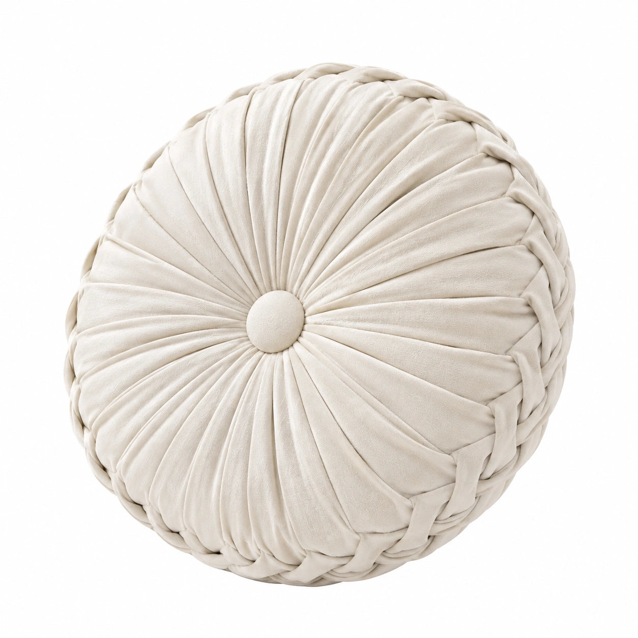 Cuscino decorativo rotondo Ø45 cm in velluto beige con pieghe a raggiera