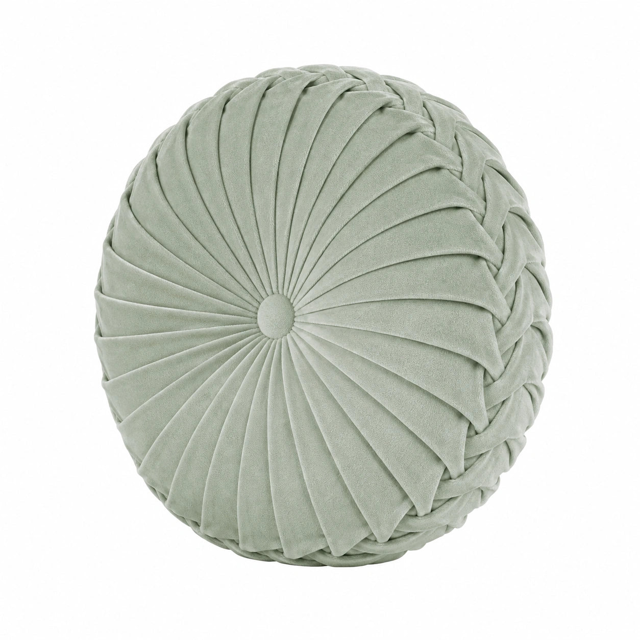 Cuscino decorativo rotondo 40 cm verde salvia effetto velluto stile plissettato