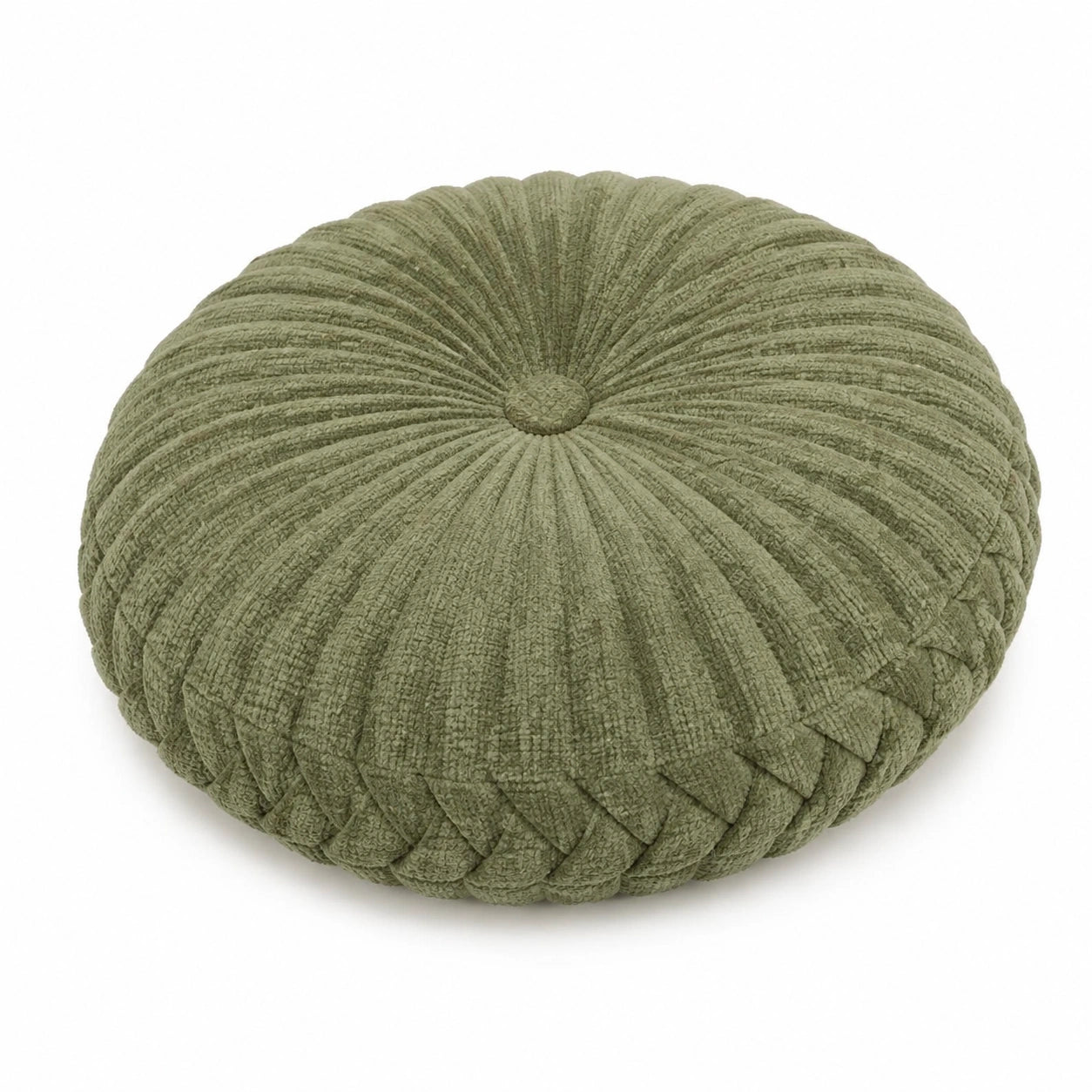 Cuscino decorativo rotondo 40 cm in tessuto a coste verde salvia - stile plissettato