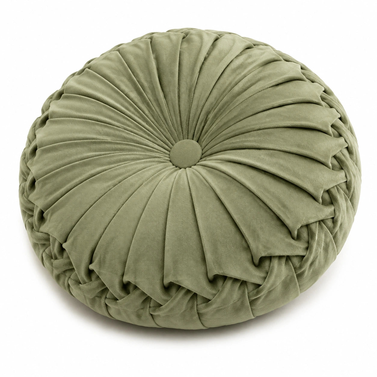 Cuscino decorativo rotondo 45 cm in velluto verde salvia con pieghe stile classico